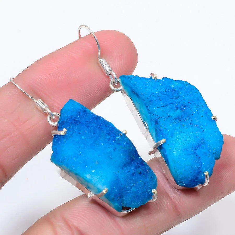 Blue Titanium Druzy Gemstone Silver Plated Earrings Vintage Jewelry 1.5" - Image 1 of 1