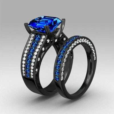 3.00Ct Blue Princess Lab Created Diamond Solid 925 Silver Engagement Ring Set - Image 1 of 4