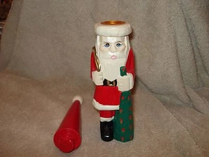 2 PC Hand Carved Wood Santa Candle Holder Christmas Folk Decor 11" Removable Hat - Picture 1 of 5