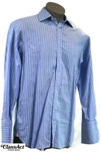 Camicia Thomas rosa uomo blu a righe con polsino francese vestito cotone 16 34,5 - Foto 1 di 5