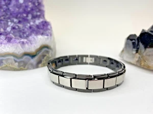 Nanoions: Men's Bracelet Elegant Silver And Black With Tourmaline 8" - Picture 1 of 4