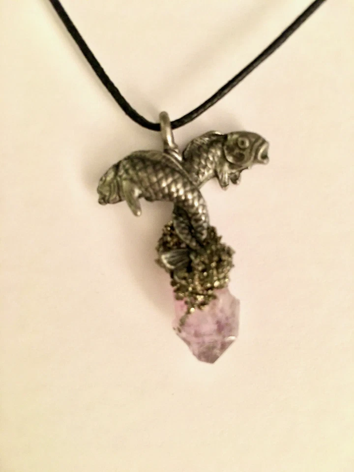 Piscies Mini zodiac pendant pewter amethyst crystal astrolog fashion gemstone - Image 1 of 1