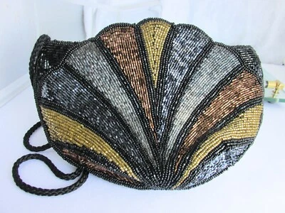 Bolso de Noche Festoneado Con Cuentas Cartera Bandolera Correa Dorado Negro Estaño Bronce Foto 1 de 4