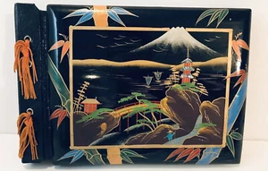 RARE Black Lacquer Scrapbook Photo Album Hand Painted Inlaid Shell Asian EUC - Picture 1 of 10