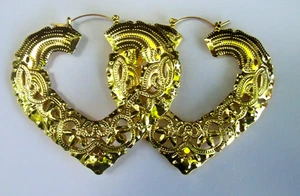 Bamboo  Gold Tone EARRINGS FILIGREE HEART HOOP Pin Catch 3.25 INCH Adj Closure - Picture 1 of 4