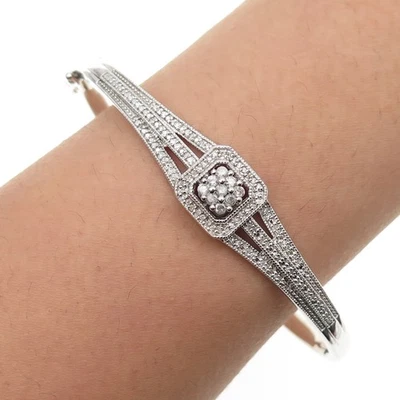 SUN 925 Sterling Silver Real Round-Cut Diamond Bangle Bracelet 7" - Image 1 of 4