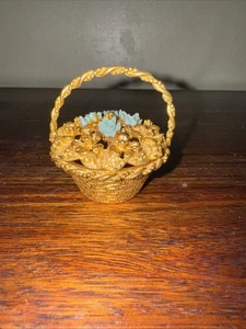 Vintage 50er Jahre Gold Florenza Korb Schmuck Halter mit blauen Blumen - Bild 1 von 10