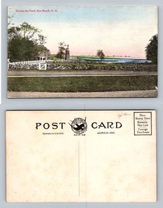 Tarjeta postal vintage de Rye Beach, NH-Nuevo Hampshire, vista al estanque a través de la pared de piedra PC - Imagen 1 de 3
