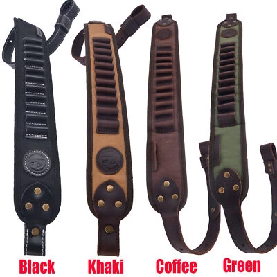 Leather Rifle Sling Shotgun Shell Slot For 308 12GA .22 LR .17HMR Shoulder Strap - Image 1 of 4