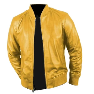 Mens Casual Stylish Wear Yellow Bomber Motorcycle Biker Costume Faux Jacket - Picture 1 of 3