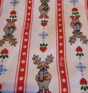 Vnt Sewing Fabric Lanz Christmas Flannel Reindeer Red Stripe On White Cotton 2yd - Picture 1 of 5