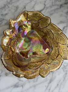 Plato de nueces de caramelo de vidrio de carnaval ámbar vintage cuenco de caléndula hojas de uvas irridiscente - Imagen 1 de 6