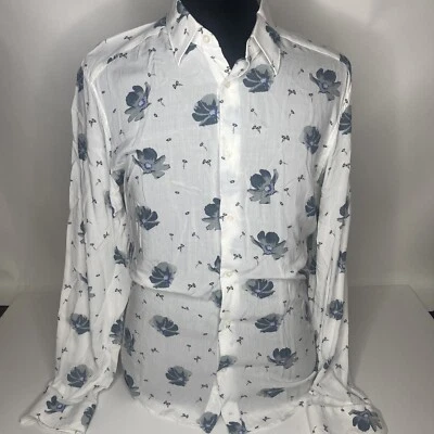 REISS Slim Fit Button Front White Floral Viscose Oxford Shirt Mens XL Thin - Image 1 of 4