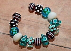 New 15 pc set Fine Murano Lampwork Glass Beads - 12mm Dots & Flowers  - A8630c