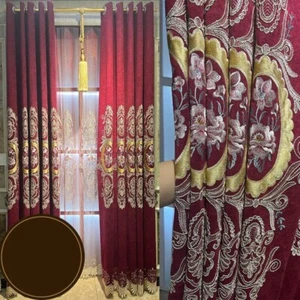 Chenille embroidered red festive wedding room cloth blackout curtain drape C2114 - Picture 1 of 12