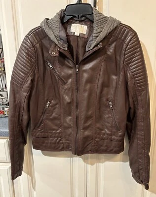 Xhilaration Faux Leather Brown Moto Jacket With Removable Wool Blend Hood Large - Image 1 of 4