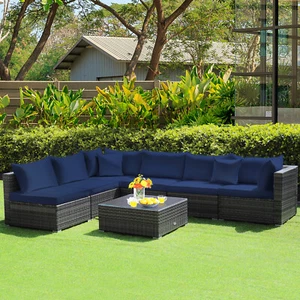 7PCS Outdoor Rattan Furniture Set Sectional Sofa with Navy Cushion - Picture 1 of 11