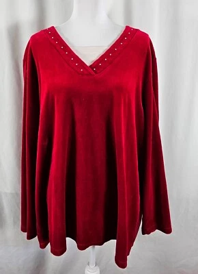 Liz Me for Catherines 女式套衫上衣红色柔软亮片棉聚酯纤维 2X — 第 1/4 张图片