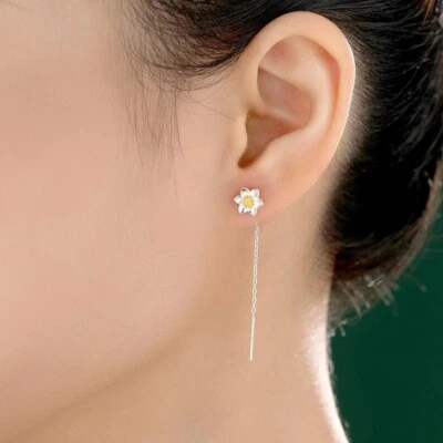 Flower Threader Earrings Silver Daffodil Flower Dangle Chain Minimalist Earrings - Image 1 of 4