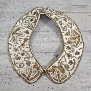 Vintage Embroidered Beaded Satin Floral Collar White and Gold MCM Made in India - Picture 1 of 8