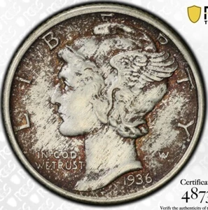 1936 MS66FB Toned PCGS Mercury Dime TrueView Gold Shield - Picture 1 of 4