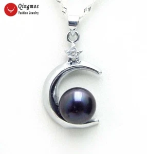 Black 9-10mm Flat Round Natural Pearl 18mm Moon Pendant Necklace Women 17" n6136 - Picture 1 of 9