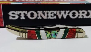 RED TURQUOISE MALACHITE STONEWORX M.O.P. HUNTING POCKET KNIFE W/ DISPLAY CASE ! - Picture 1 of 7