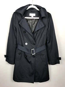 Michael Kors Softshell Double Breasted Trench Coat M Black Pockets Belted Hooded - Picture 1 of 6