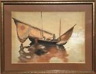 Antique Original Watercolor Painting Harbor Fishing Boars Impressionism Signed