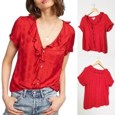 Blusa Top Anthropologie Maeve Jojo Volantes Cuello en V S Lunares Rojos Botón Delantero Dulce Foto 1 de 4