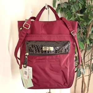 Samantha Brown Convertible Backpack Burgundy Nylon Croco Embossed Laptop Bag NWT - Picture 1 of 12