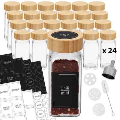 VonBueren Gewürzgläser eckig leer mit Bambusdeckel | Set mit 24 x 120 ml | Gewür - Bild 1 von 4