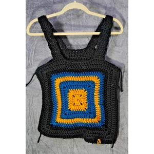 Handmade Crochet Granny Square Tank Top Black Blue Yellow S/M Boho Festival Knit - Picture 1 of 6