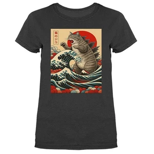 Catzilla Katze Japanische Kunst Lustige Katze Humorvoll Damen T-Shirt - Bild 1 von 19