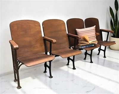 4 Vintage Wood Folding Theater Seats, Auditorium Seats, Entryway Bench, E13 - Image 1 of 4