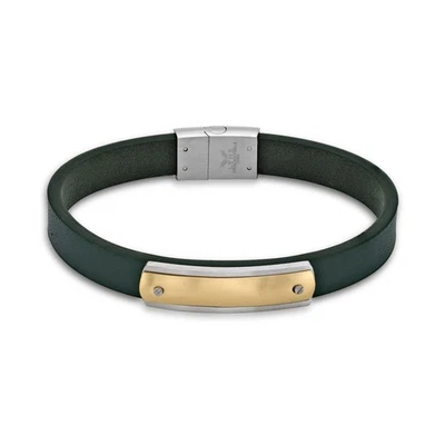 Brazalete de identificación de acero inoxidable chapado en iones de oro de cuero verde genuino - 8,5 pulgadas Foto 1 de 4