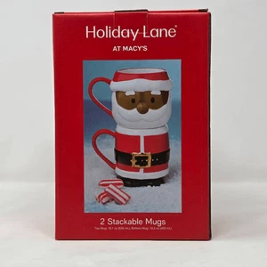 HOLIDAY LANE MACYS CHRISTMAS BLACK AFRICAN AMERICAN SANTA 2 STACKABLE MUGS NEW - Picture 1 of 4