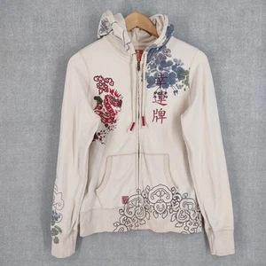 Felpa con cappuccio vintage marca Lucky Medium Y2K Artsy ricamata drago giapponese full zip* - Foto 1 di 19
