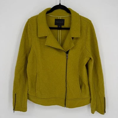 Chaqueta Tahari Mezcla Lana Boucle Asimétrica Moto Cremallera Amarillo Mostaza GRANDE Foto 1 de 4