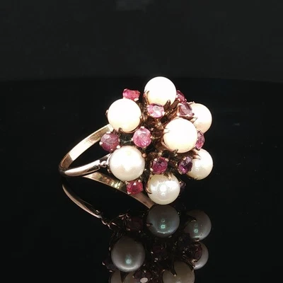 Pearl & Ruby Cluster Ring – 14ct Yellow Gold – Size N½ - Image 1 of 4