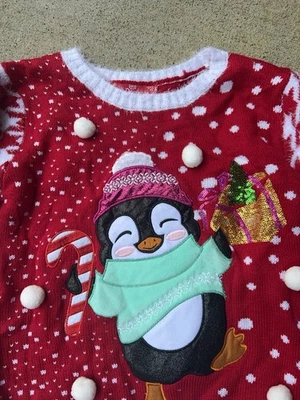 Suéter Navidad Niñas XL 14/16 Pingüino Rojo Blanco Lentejuelas Vacaciones Foto 1 de 4
