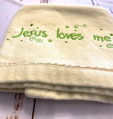 Manta bebé amarilla vintage Jesus Loves Me peso pesado mercado MWW Foto 1 de 4