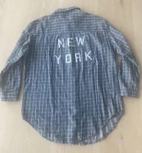 Brandy Melville Soft Cotton Blue Window Pane Button Up Shirt New York Graphic OS - Picture 1 of 10