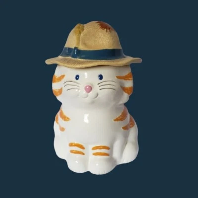 Treasure craft vtg cookie jar cat yellow /wht 12' - Image 1 of 4