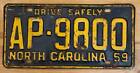 North Carolina 1959 DRIVE SAFELY License Plate # AP-9800