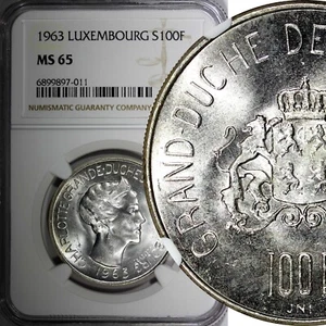 Luxembourg Charlotte Silver 1963 100 Francs NGC MS65 Millennium KM# 52 (011) - Picture 1 of 5