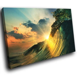SC369 Green Yellow Wave Sunset Cool Nature Canvas Wall Art Large Picture Prints - Picture 1 of 6