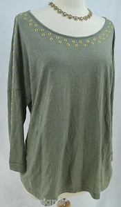 Chicos Top army green Knit Shirt gold metal rivets Top blouse tee Chico 2 L NEW - Picture 1 of 7