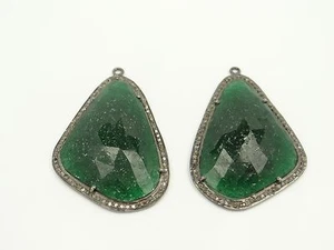 17.4 GRAMS NATURAL AVENTURINE PAVE CHAMPAGNE DIAMONDS STERLING RHODIUM EARRINGS - Picture 1 of 1