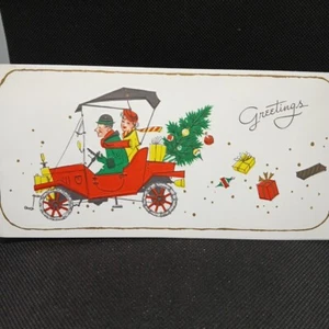 VINTAGE Couple In Antique Old Car Gifts Tree Christmas Greeting Card Signed - Picture 1 of 5